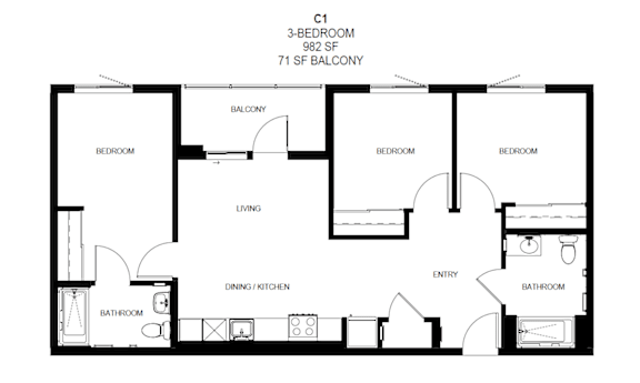 A floor plan of a 3-bedroom, 2-bathroom apartment with a living room, dining room, kitchen, and entry at Tellus on Carson Apartments in Torrance, CA, 90502