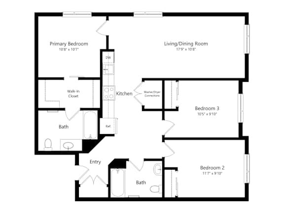 A floor plan of a home with a living/dining room, kitchen, and three bedrooms.