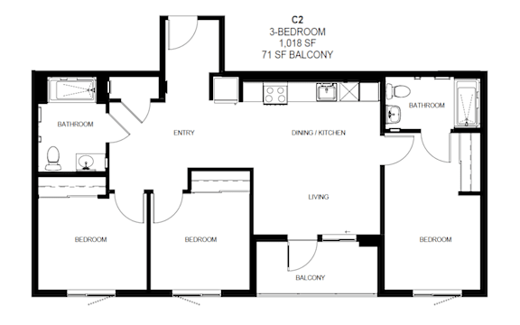 A floor plan of a 3 bedroom, 1 bathroom apartment at Tellus on Carson Apartments in Torrance, CA, 90502