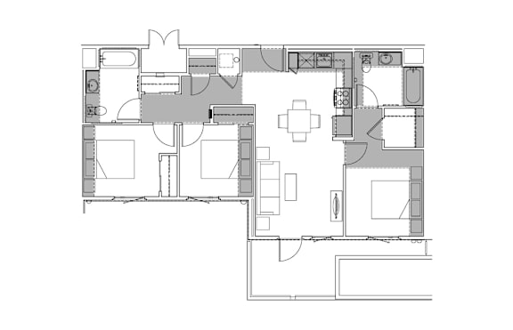 A floor plan of a house with multiple rooms and a garage.