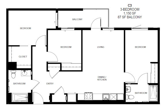 A black and white image of a floor plan for a 3-bedroom, 1,150 square foot apartment with a balcony at Tellus on Carson Apartments in Torrance, CA, 90502