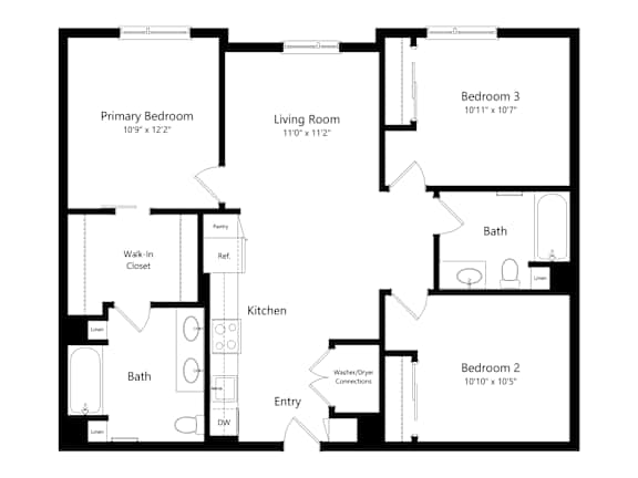 A black and white image of a floor plan for a house with three bedrooms and a living room.