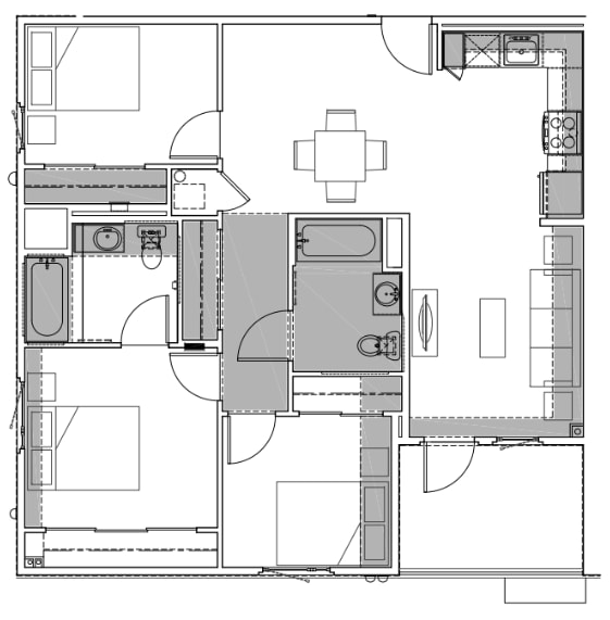A floor plan of a house with a kitchen, living room, and bathroom.