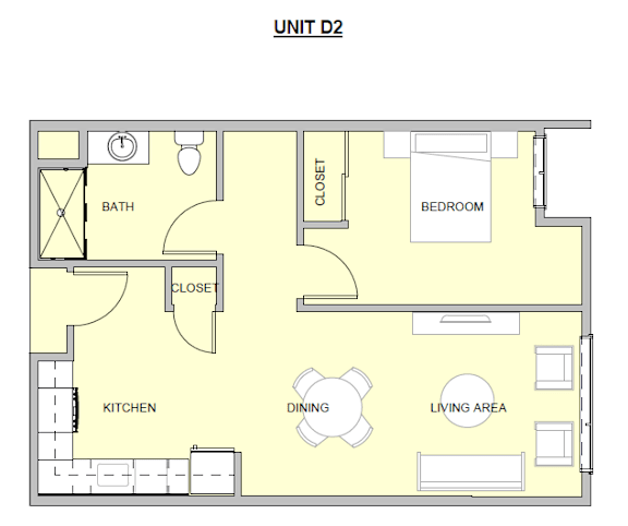 A floor plan of a unit with a kitchen, dining area, living area, bedroom and bathroom.