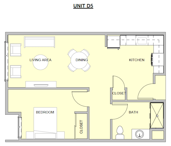 A floor plan of a unit with a living area, dining area, kitchen, bedroom, and bathroom.
