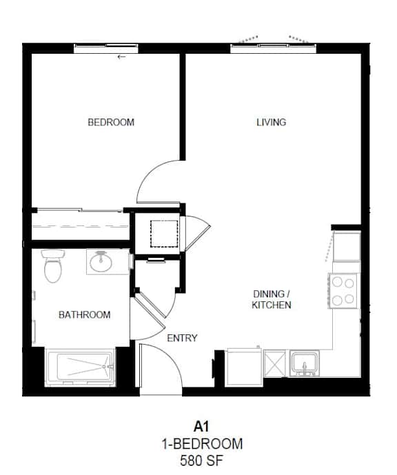 A 1-bedroom apartment is 580 square feet.