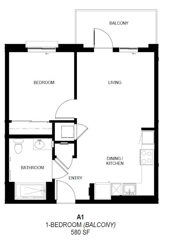 A 1-bedroom apartment in the balcony section with a living room, dining/kitchen area, and bathroom.