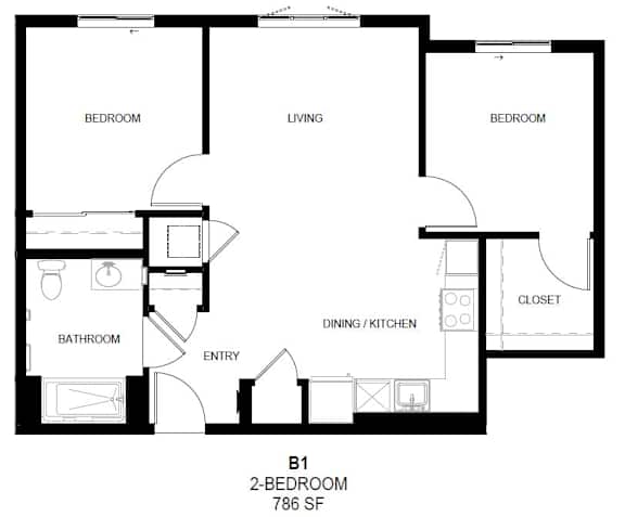 A black and white image of a 2 bedroom apartment layout.