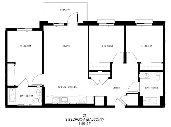 A black and white image of a 3-bedroom apartment layout.