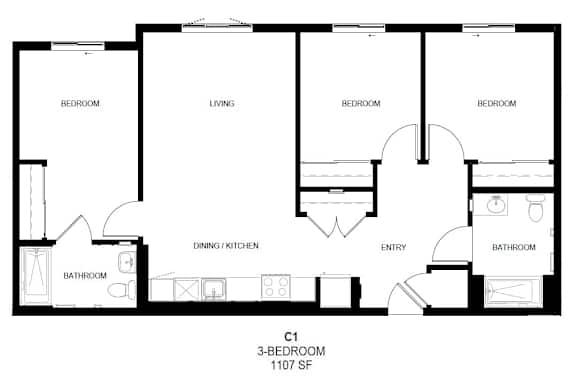 A black and white image of a 3-bedroom apartment layout.