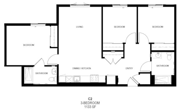 A black and white image of a 3-bedroom apartment layout.