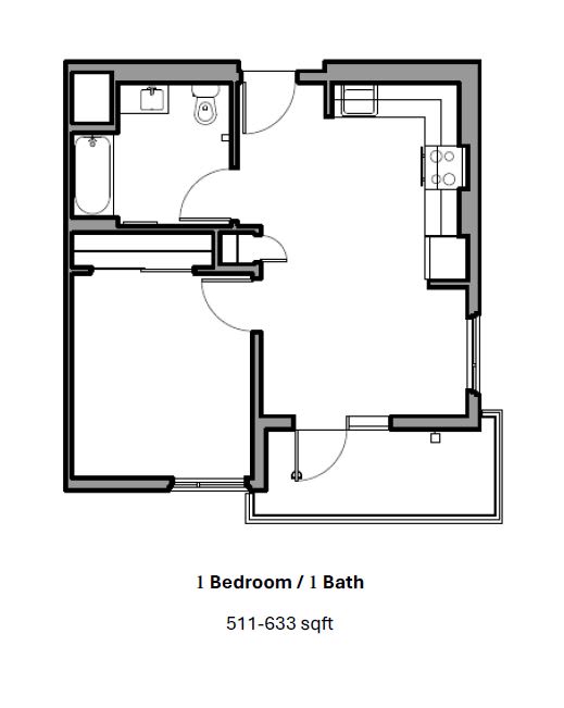 A floor plan of a one bedroom apartment with a bathroom.