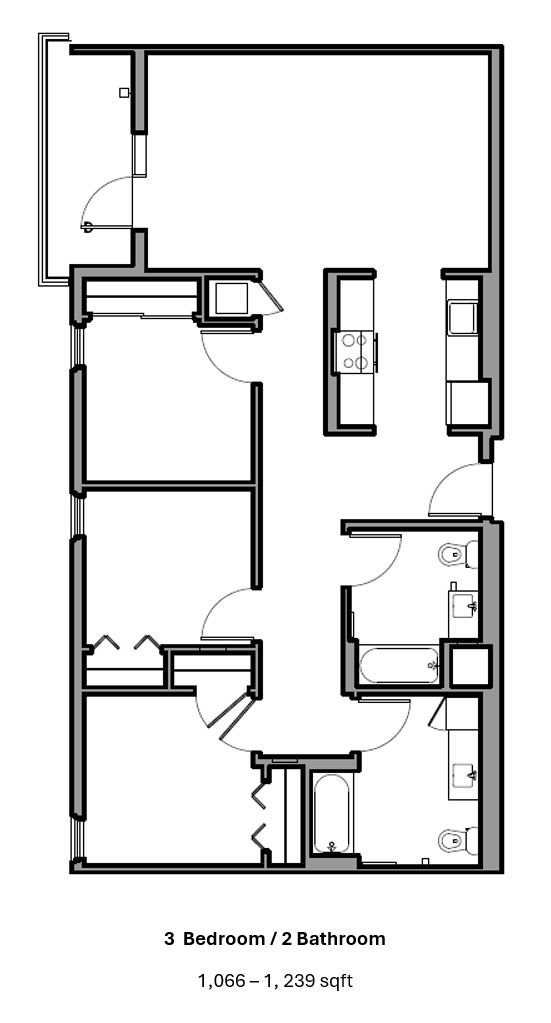 A floor plan of a 3 bedroom 2 bathroom apartment.