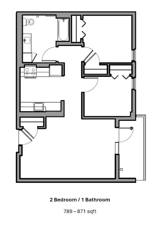 A floor plan of a 2 bedroom/1 bathroom apartment sized 789-871 sqft.