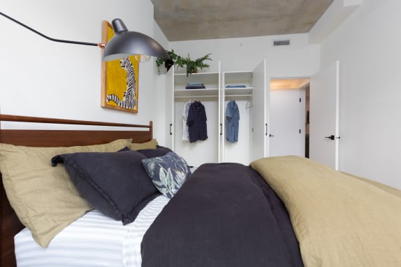 a bedroom with a bed and a closet