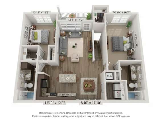 A 3D floor plan of a two-bedroom apartment with a living room, kitchen, and bathroom.
