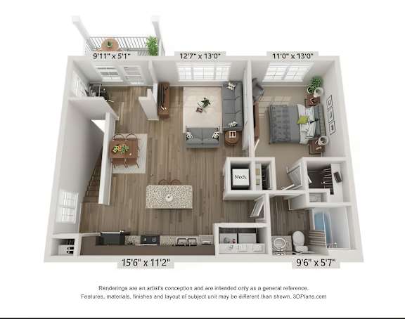 A 3D floor plan of a house with a kitchen, living room, and two bedrooms.