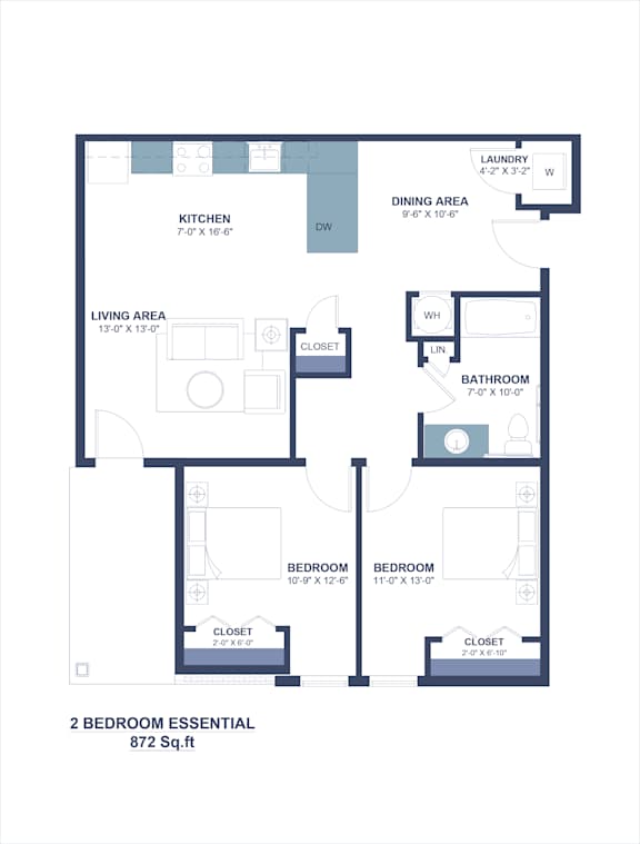 A floor plan of a 2 bedroom essential apartment with dimensions.