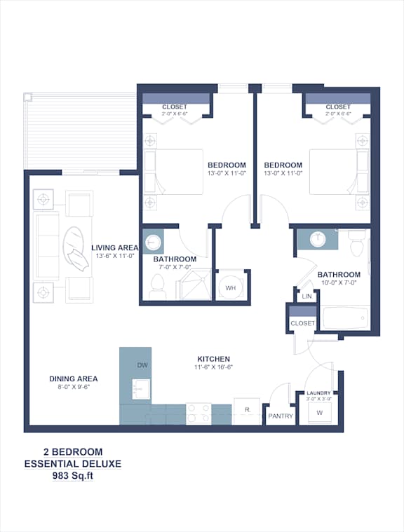 A floor plan of a 2 bedroom apartment with a living area, dining area, kitchen, and two bathrooms.