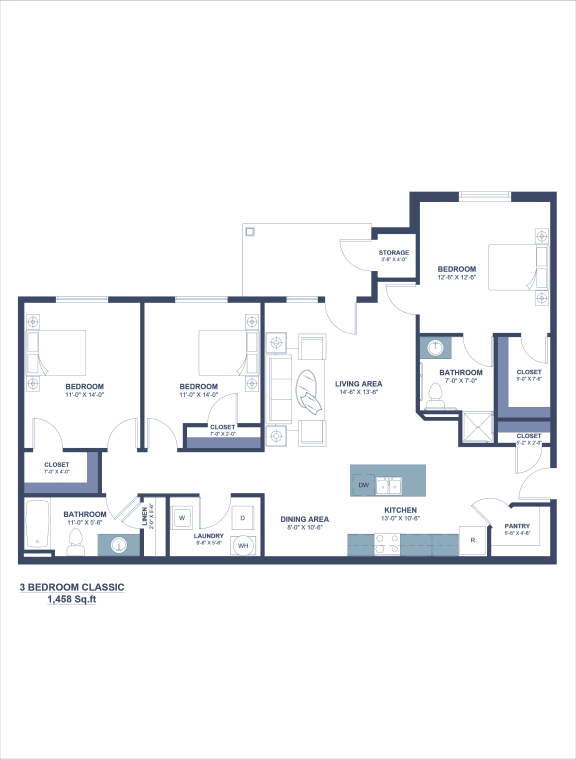 the typical floor plan of a 3 bedroom apartment