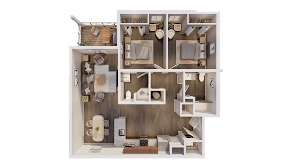 A model of a house with a kitchen, living room, and bathroom.