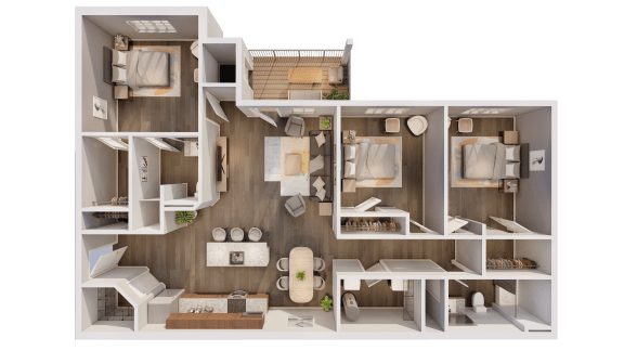 a 3d rendering of a furnished apartment with a bedroom and living room