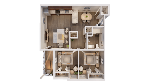 A 3D floor plan of a house with multiple rooms and furniture.
