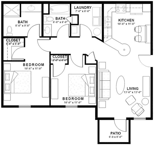 floor plan of the first floor of a house with bedrooms and baths and a kitchen