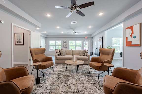 A living room with brown chairs and a grey rug.