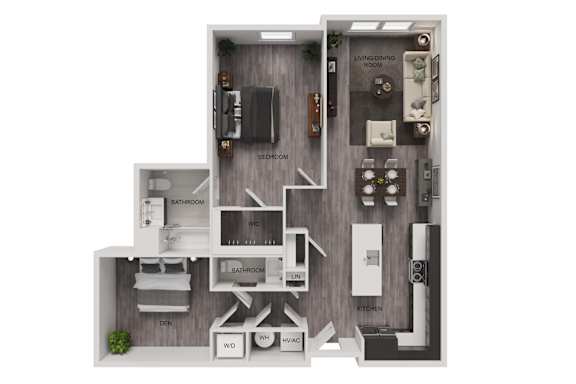 A 3D floor plan of a house with labeled rooms.