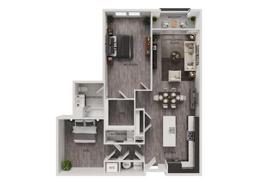 A floor plan of a small apartment with a living room, kitchen, and two bathrooms.