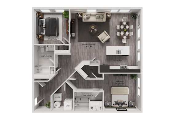 A diagram of a house layout with labeled rooms.