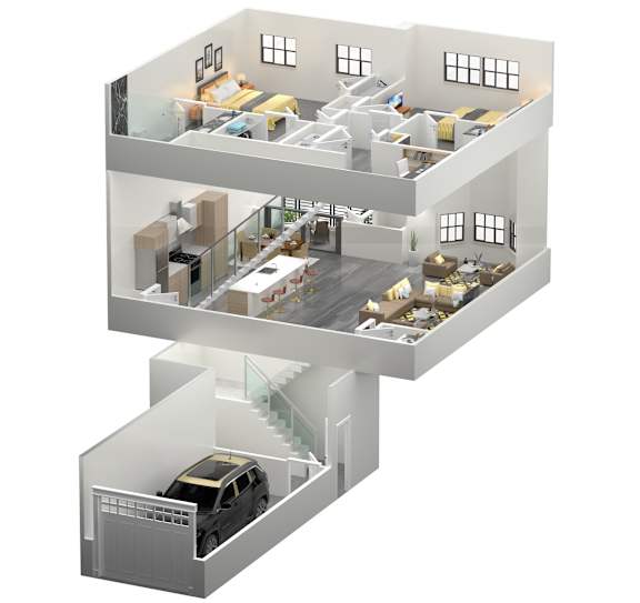 A 3D rendered image of a two-story house with a car parked in the garage at The Franklin Marlboro Apartments, New Jersey, 07746