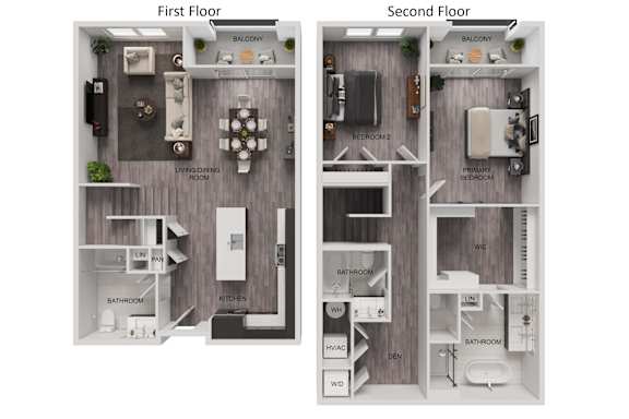 A diagram of a two-story apartment with labeled rooms.