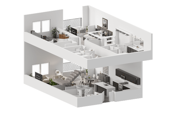 A 3D rendered image of a modern house interior.