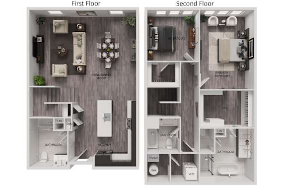 A floor plan of a two-story apartment with labeled rooms.