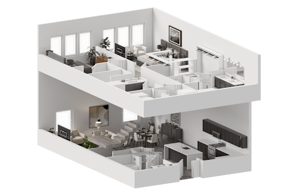 A 3D floor plan of a two-story residential building.