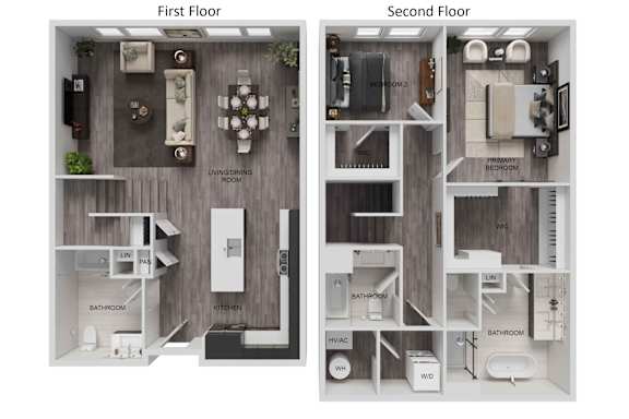 A diagram of a two-story apartment with labeled rooms.