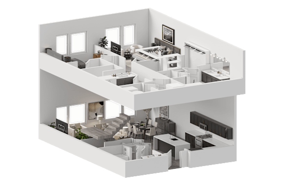 A 3D rendered image of a house layout.