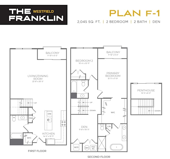 Plan f1 two bedroom two bath townhome with penthouse at The Franklin at Westfield Apartments, Westfield