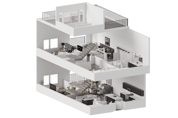 3D cutaway view of three story residence at The Franklin at Westfield Apartments, New Jersey