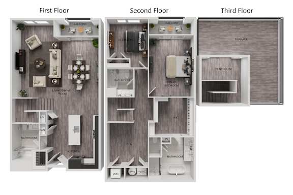 Three level townhome layout with penthouse and terrace at The Franklin at Westfield Apartments, Westfield, NJ 07090