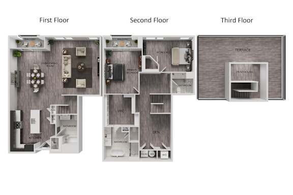 A diagram of a house showing the layout of the first, second, and third floors.