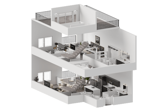 A 3D architectural model of a multi-level residential building.
