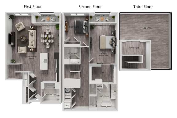 A diagram of a house showing the layout of the first, second, and third floors.