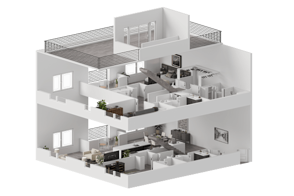 A 3D architectural model of a house with multiple levels and rooms.