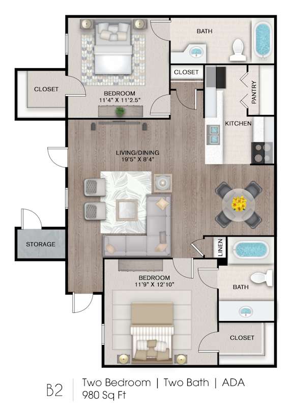 a floor plan of a home with two bedrooms and a bathroom