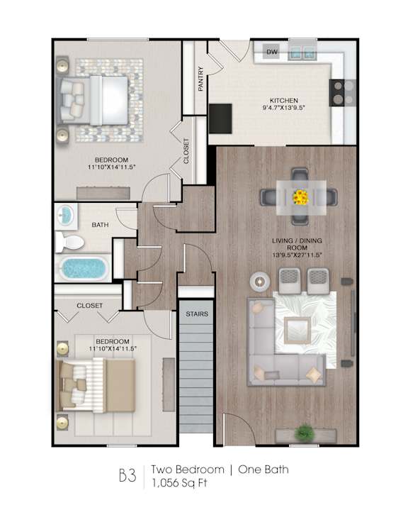 a floor plan of two bedrooms with a bathroom and a living room