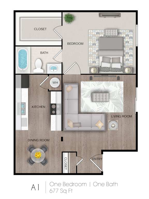 Floor Plan  1 bed 1 bath at The Onyx Apartments, Huntsville, AL, 35816