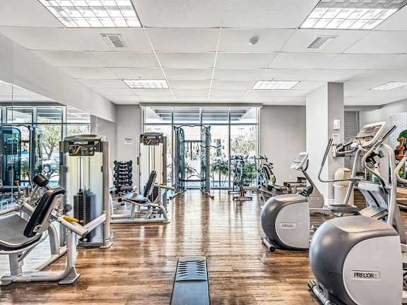 a gym with cardio machines and a wood floor at Elements on Third Apartments, Florida, 33713